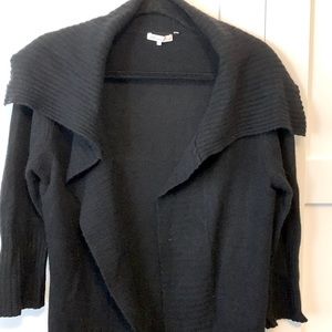 Minnie Rose Cashmere Black Sweater with 3/4 Inch Sleeves And Open Front.